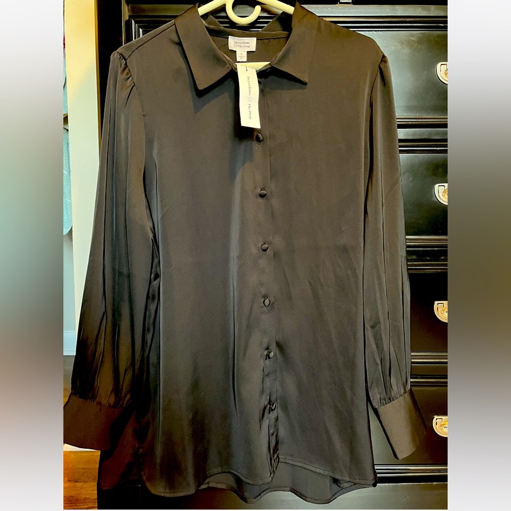 The Drop Women's @Lucyswhims Long-Sleeve Button-Down Stretch Satin Top